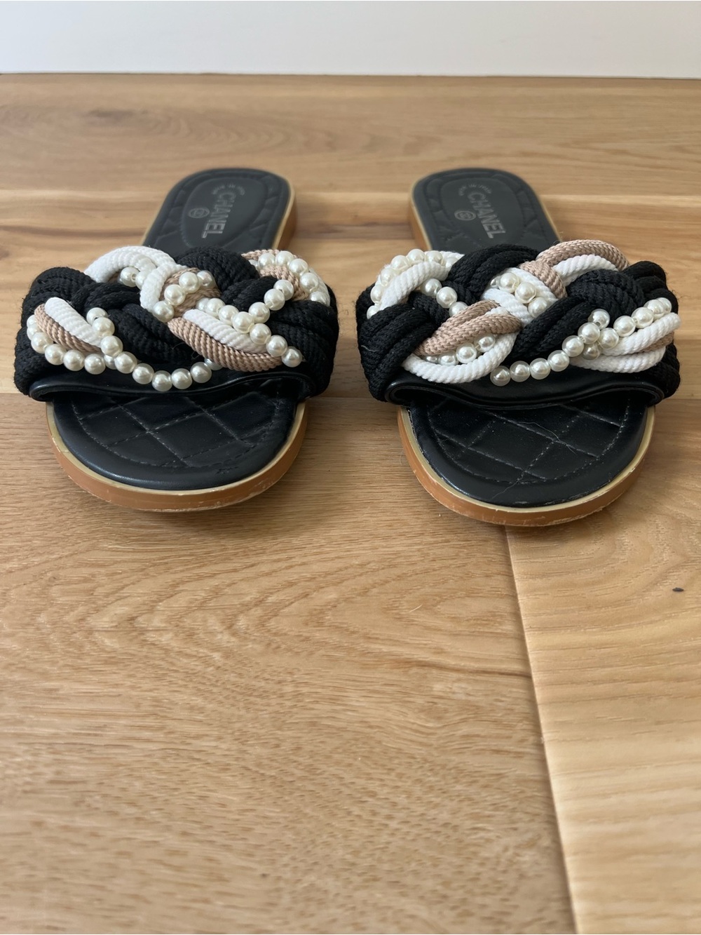 CHANEL Black Slide Sandals with Cream & Beige Rope and Pearl Trim Size 38 - Picture 2 of 6
